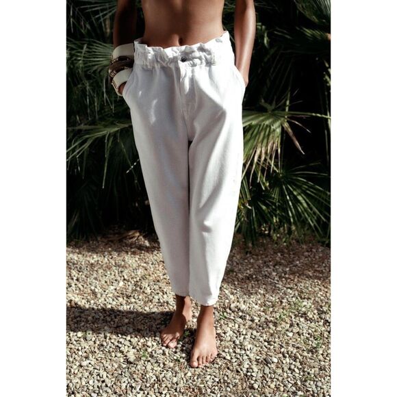 White Zara High-Waisted Paperbag Barrel Loose Fit Denim Jeans (NWT) - Picture 1 of 6
